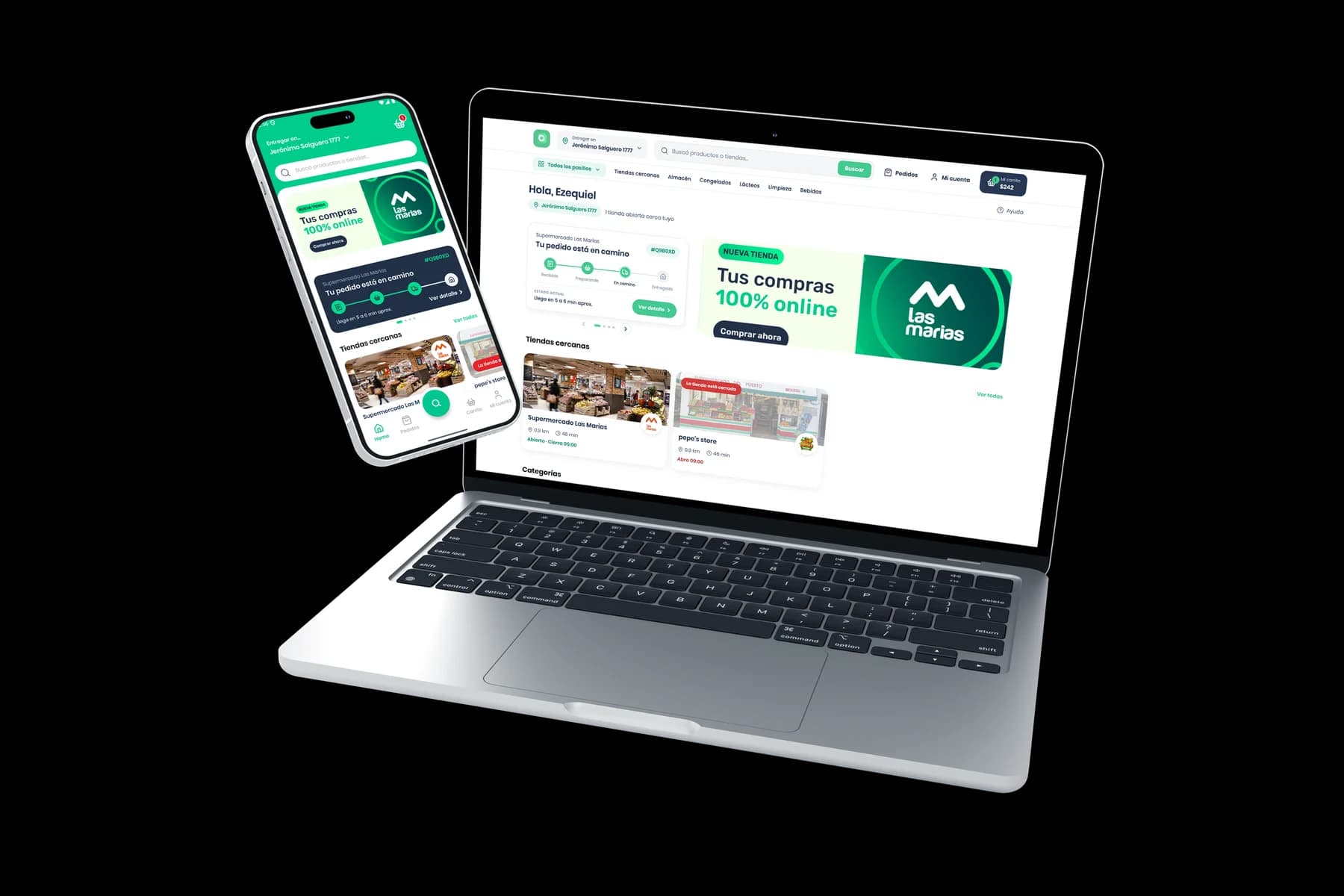 Quickz abierto en una notebook y en un teléfono, con las tiendas cercanas y un pedido en camino