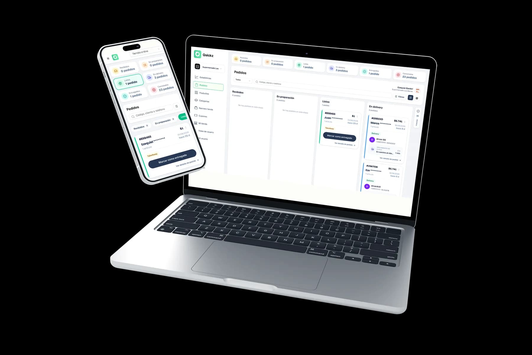 El panel del comercio en una notebook y un teléfono, con los pedidos ordenados por etapa